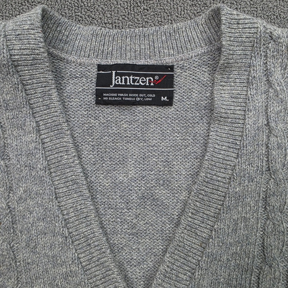 Jantzen Mens Heather Gray Cable Knit Button Front Cardigan Sweater Vest Medium - Picture 3 of 6